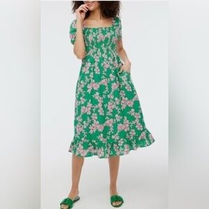 J. Crew Size Large Smocked Midi Dress with Puff Sleeves